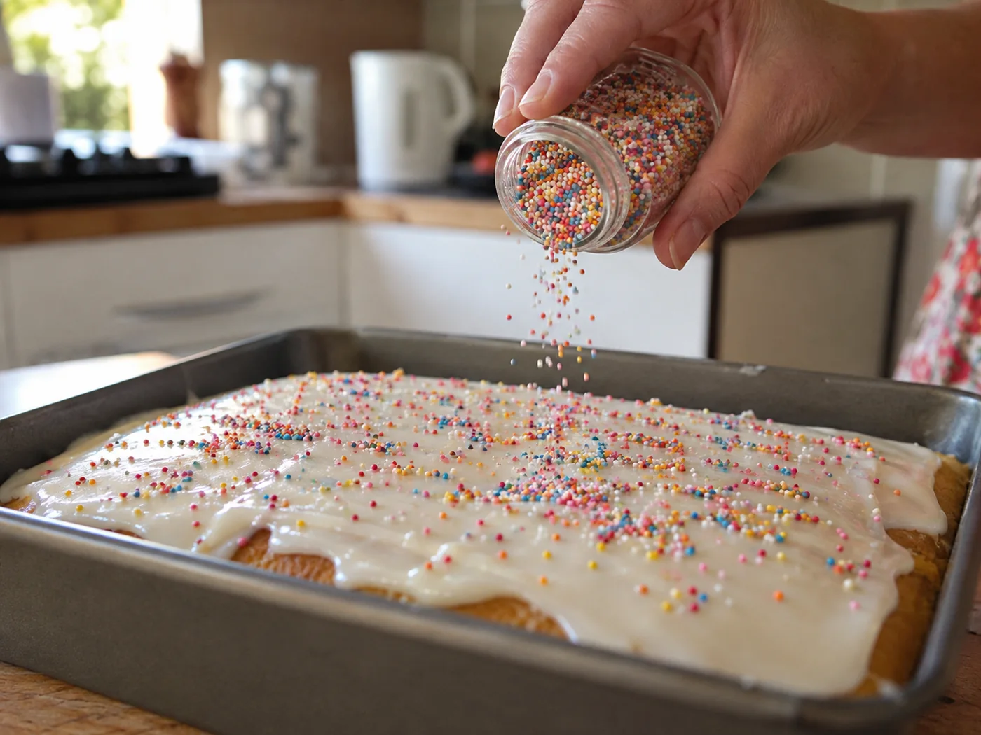 Icing an old school cake and scattering hundreds and thousands over the wet icing