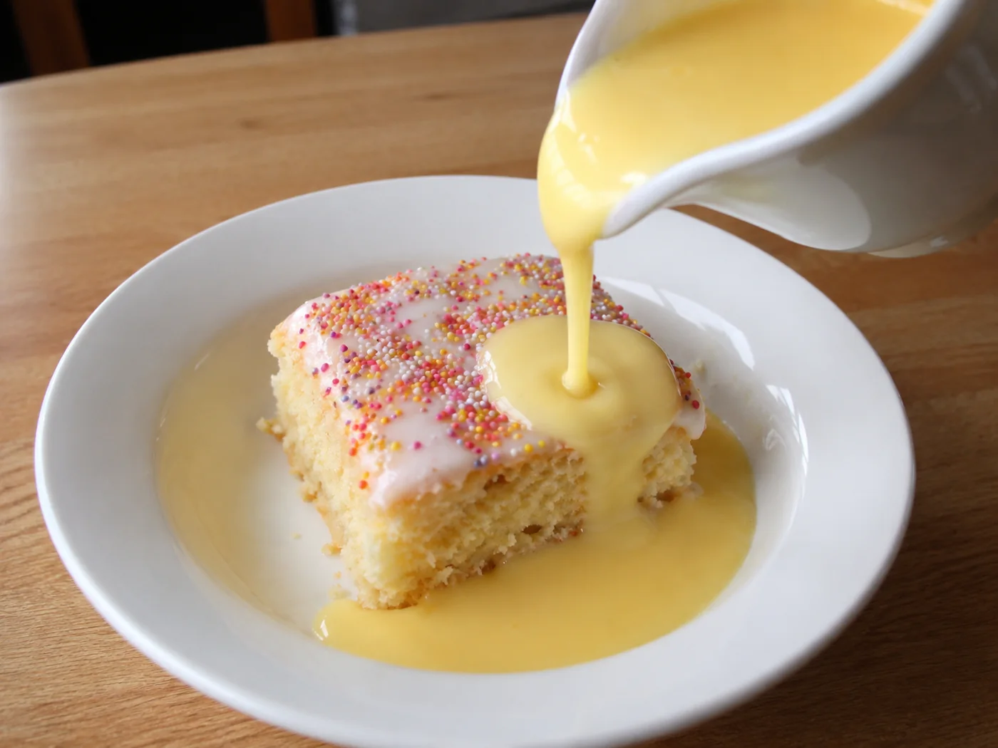 A square of school cake with hundreds and thousands, served with hot custard