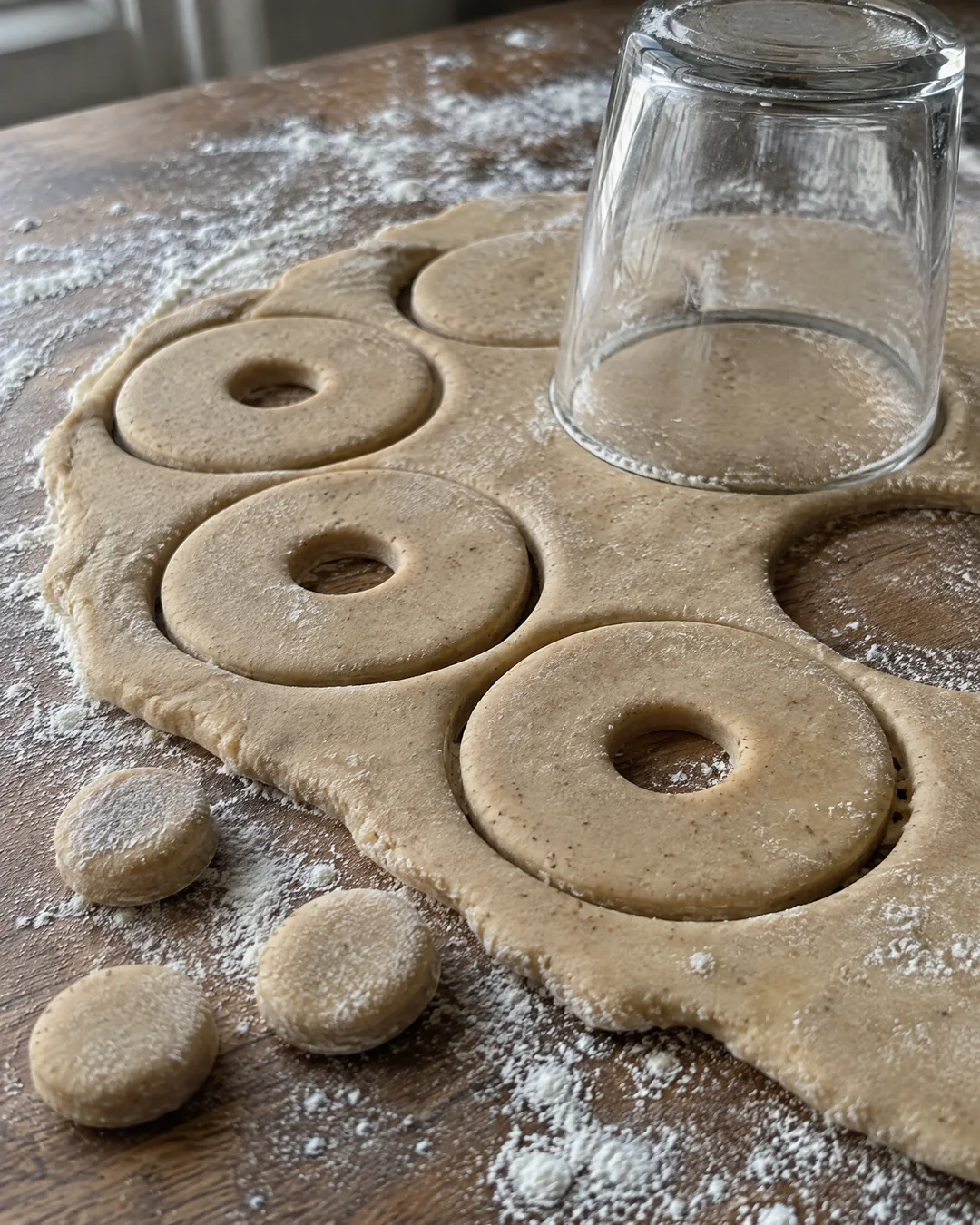 Cold apple cider donut dough rolled out on a floured counter with rounds cut by a drinking glass and the holes cut out