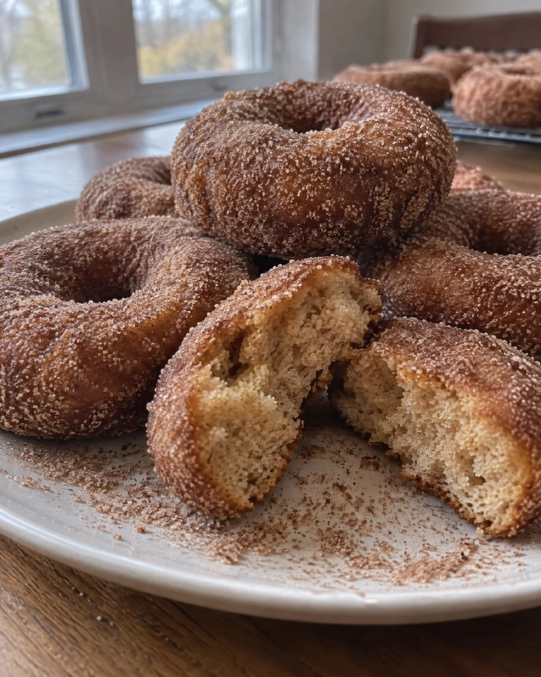 A pile of hot apple cider donuts coated in cinnamon sugar, one broken open to show the tender crumb