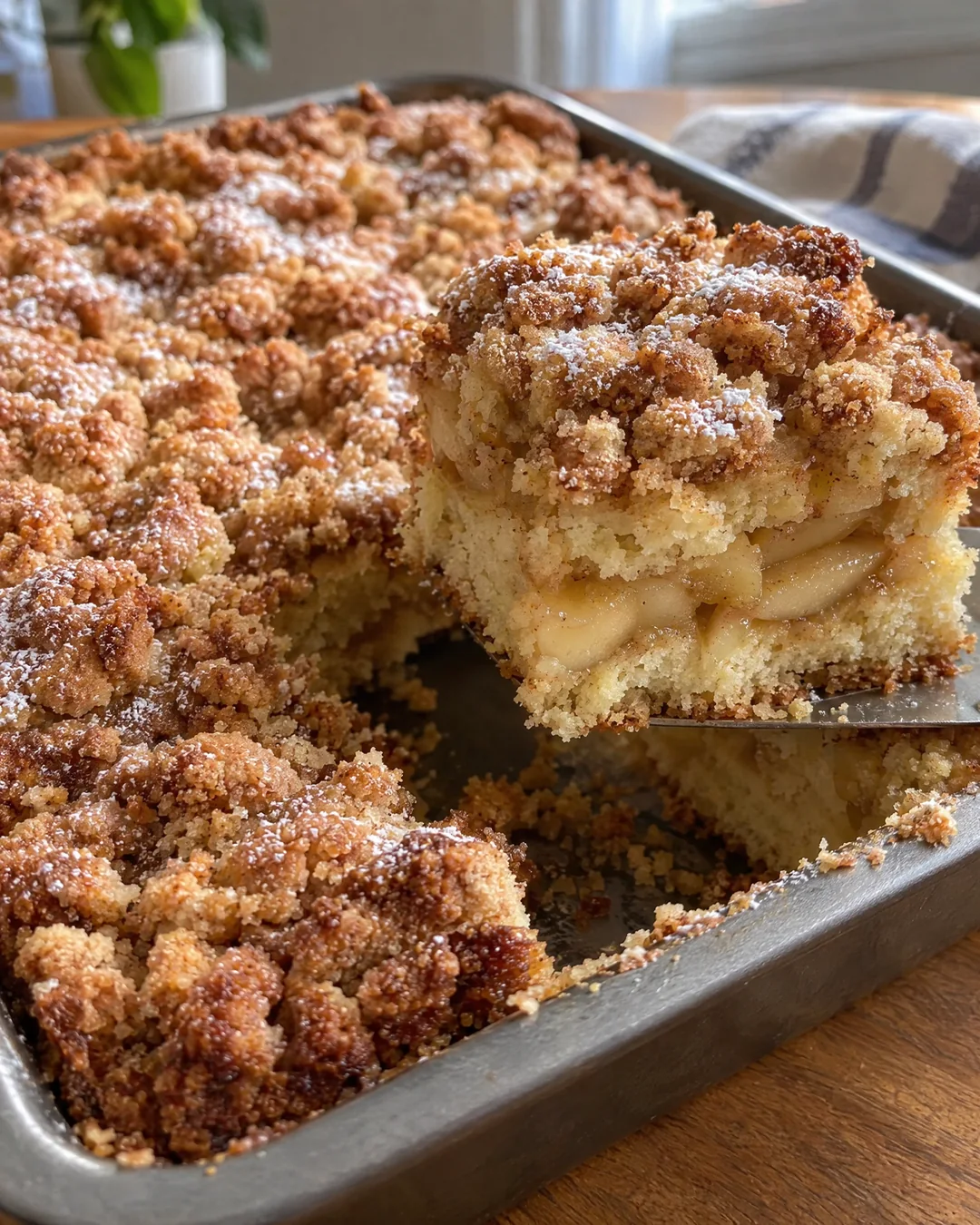 Apple crumb cake in its pan with a thick golden crumb topping, one square cut out