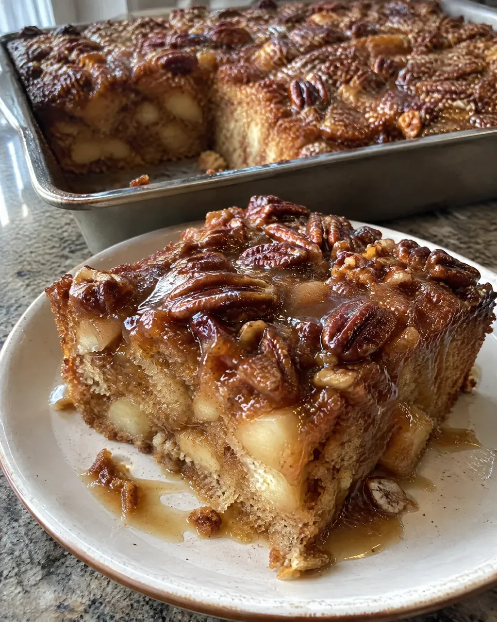 Apple Dapple Cake with Hot Caramel Glaze Poured On in the Pan