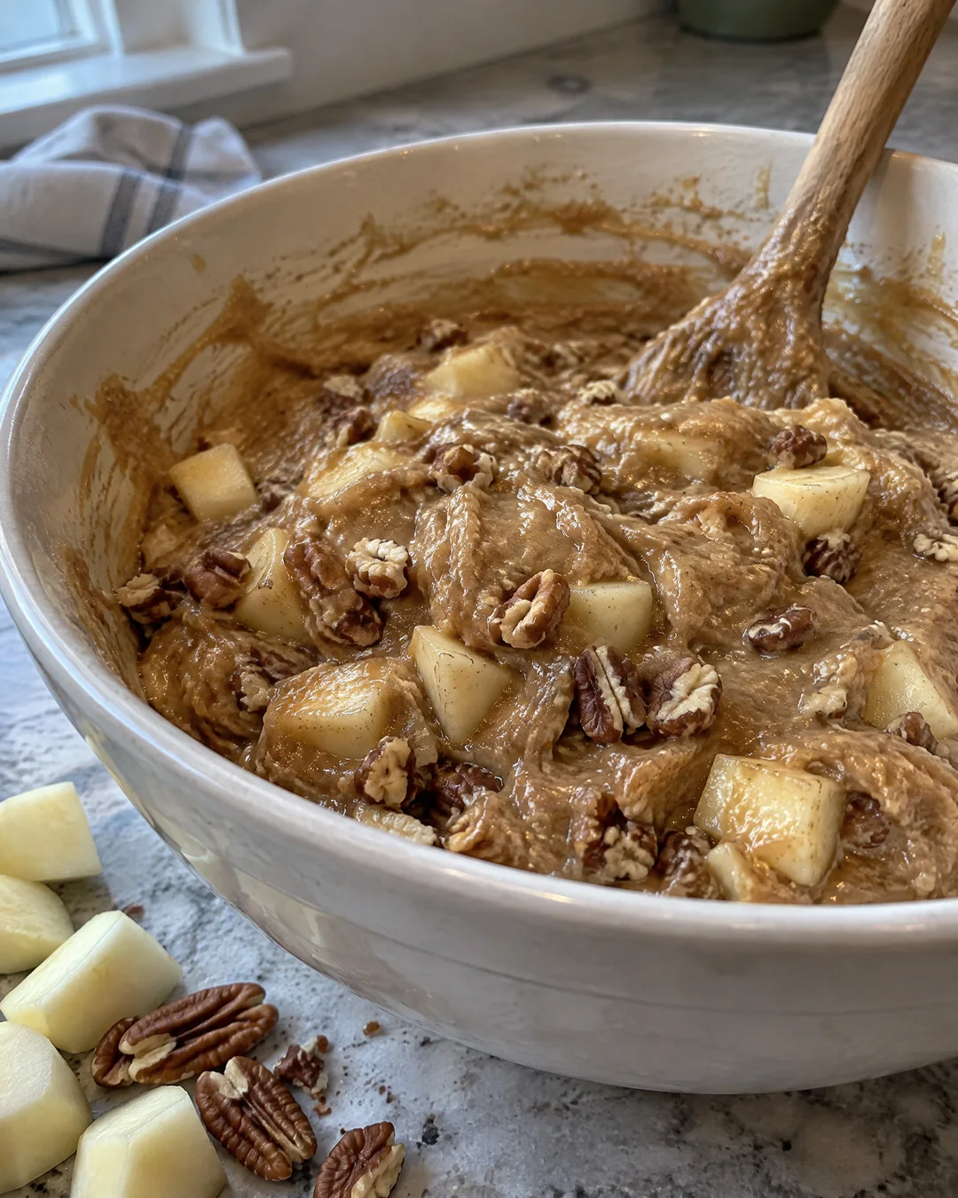 Bowl of thick apple dapple cake batter packed with chopped apples and pecans