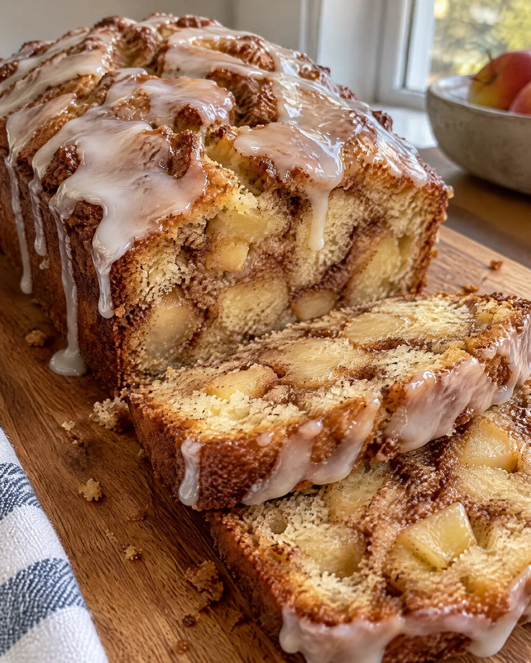 Glazed apple fritter bread sliced on a cutting board