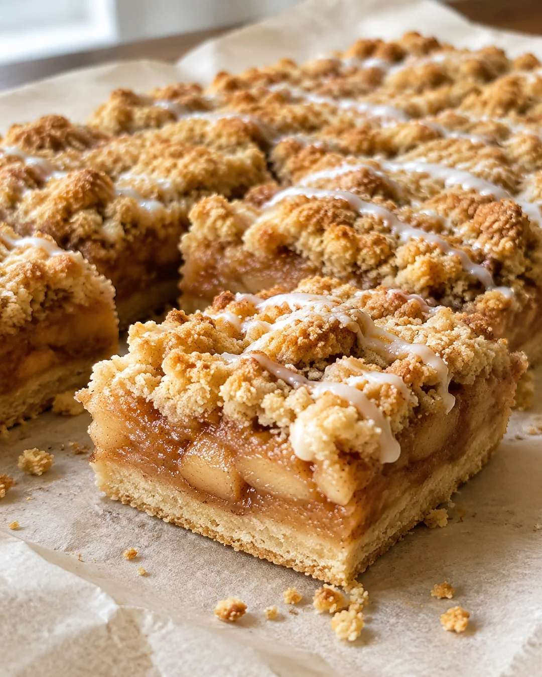 Apple pie bars cut into squares with vanilla glaze