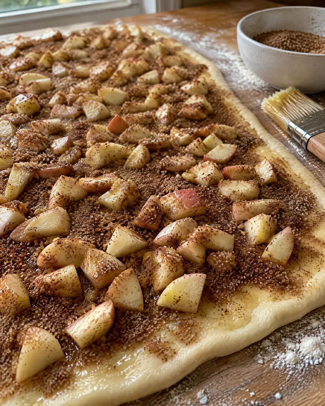 Cinnamon sugar and diced apples spread over rolled dough