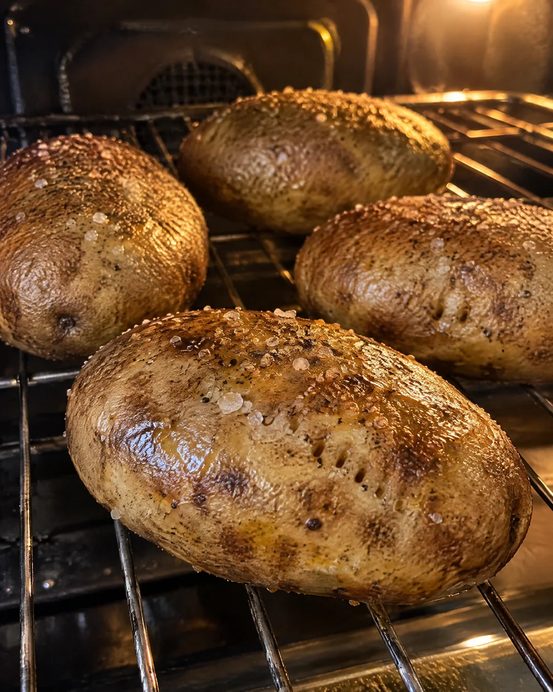Russet potatoes rubbed with oil and coarse salt sitting on a bare oven rack