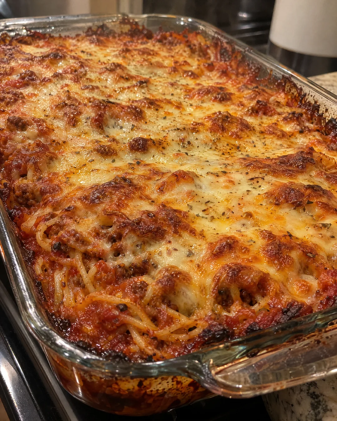 Baked spaghetti fresh from the oven with bubbling cheese and crisp browned corners