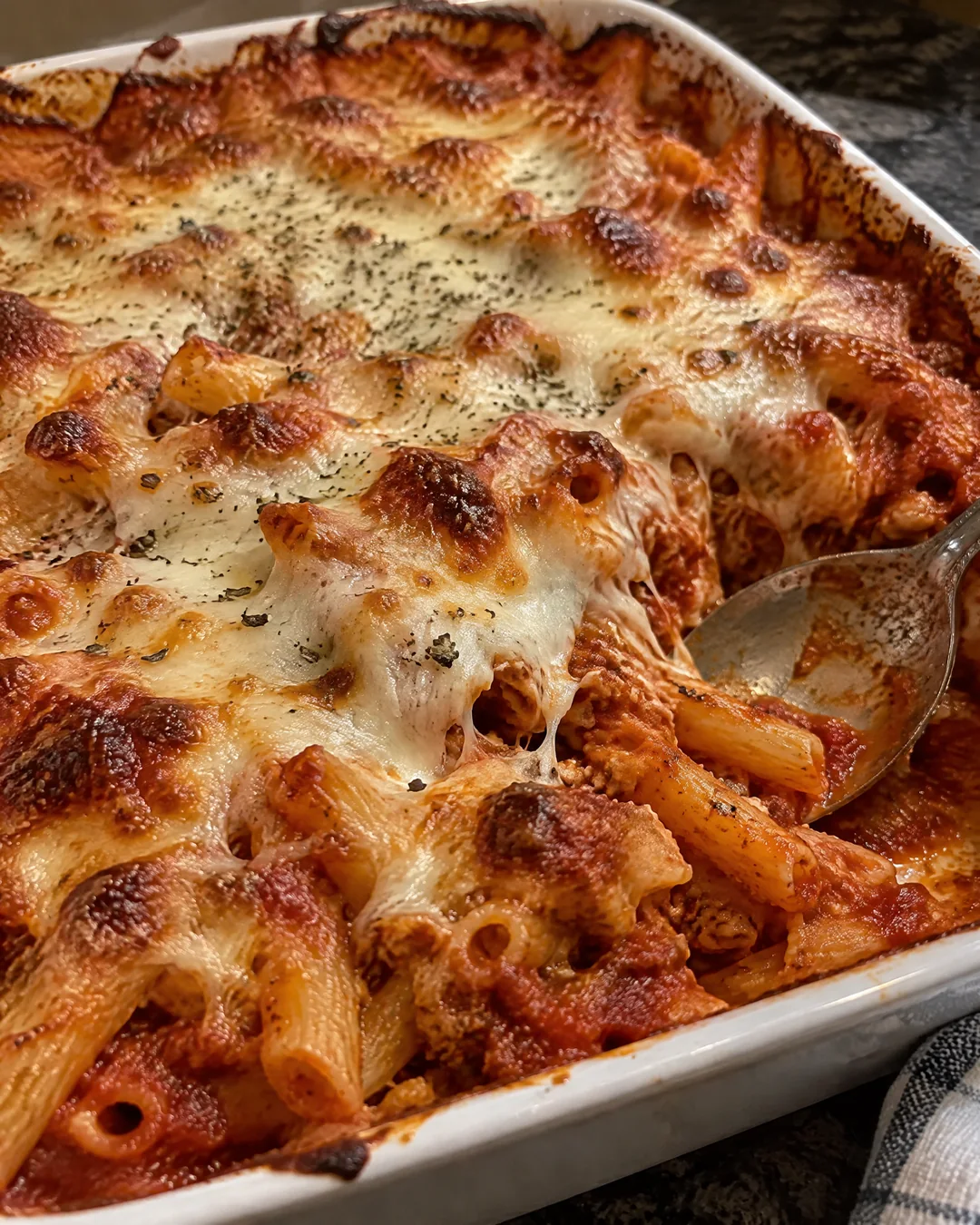 Baked ziti fresh from the oven