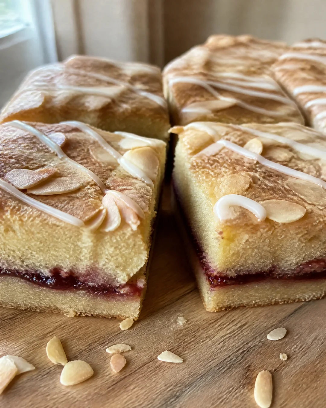 Bakewell slice cut into squares showing shortcrust, raspberry jam and almond sponge layers