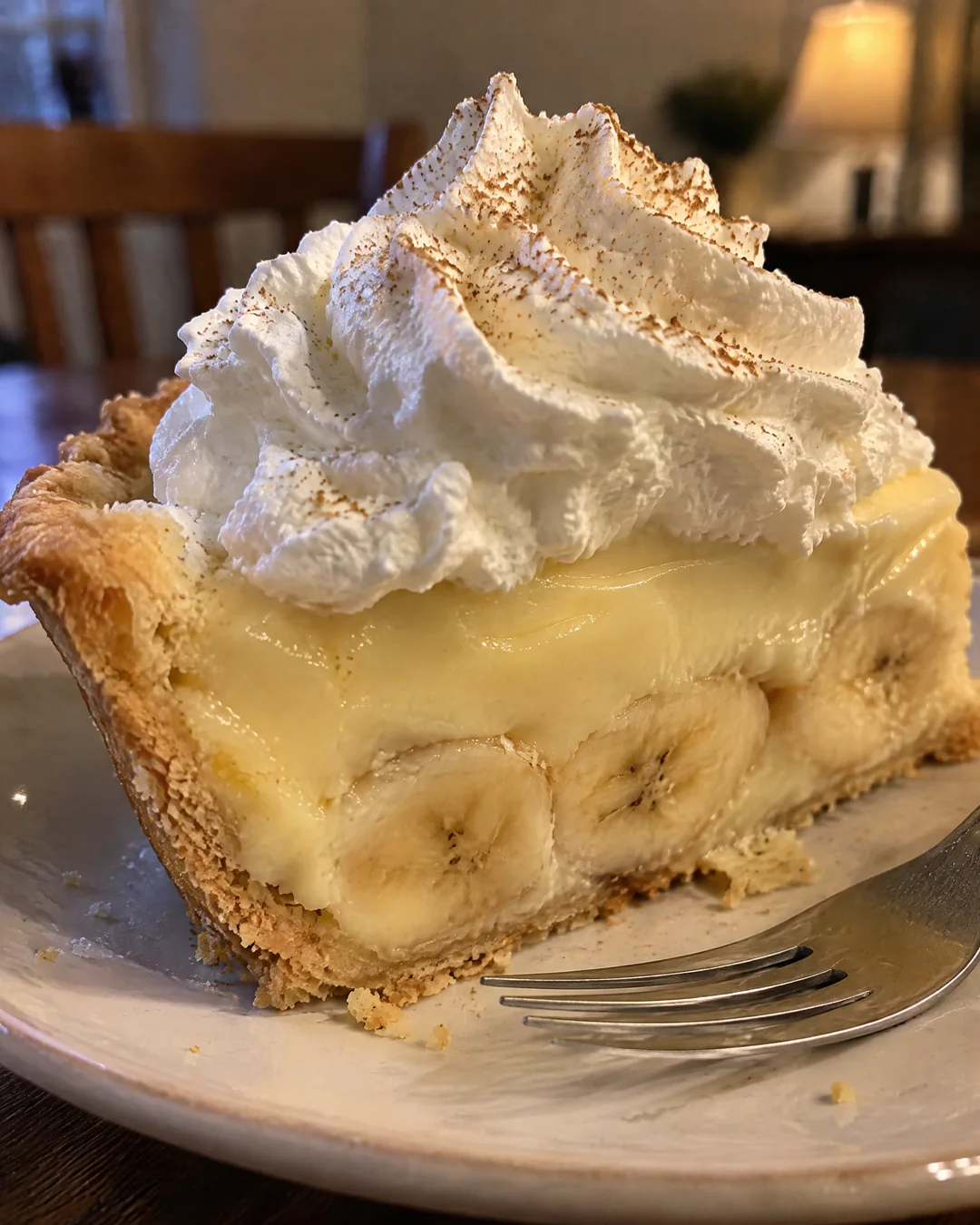 A slice of banana cream pie showing the layers
