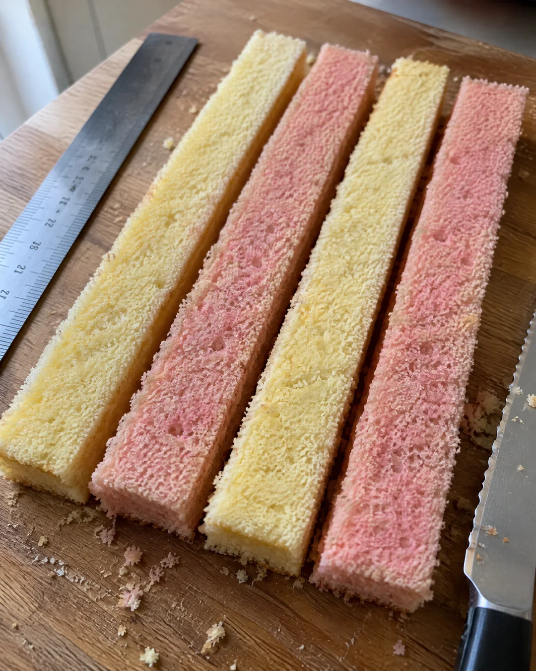 Plain and pink almond sponges cooling side by side, trimmed into four even strips