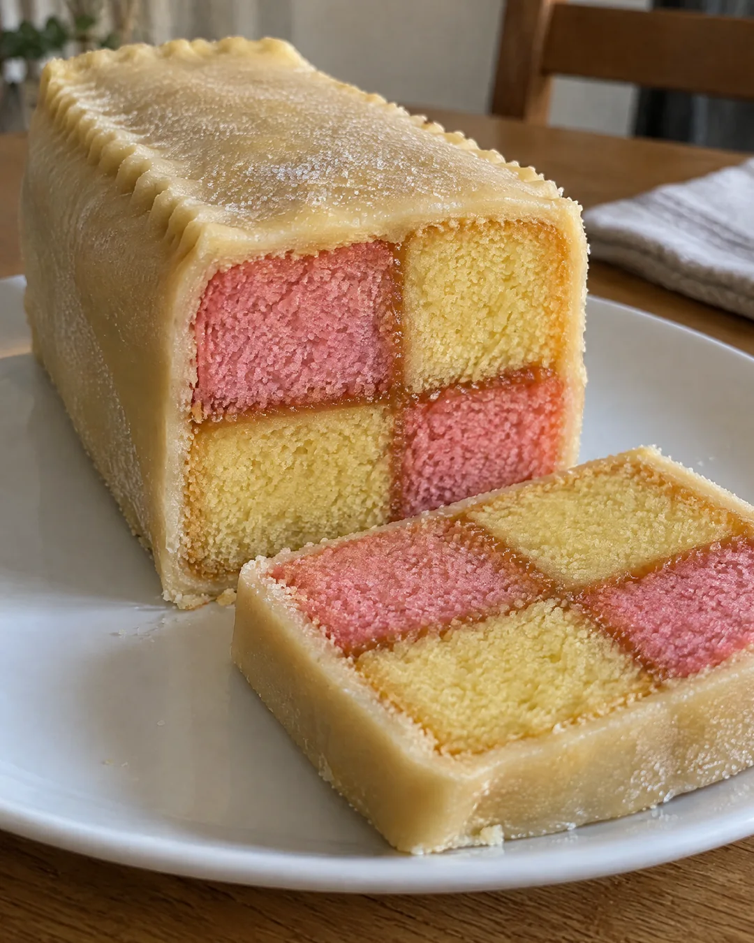 Battenberg cake wrapped in marzipan with the end sliced to show the checkerboard