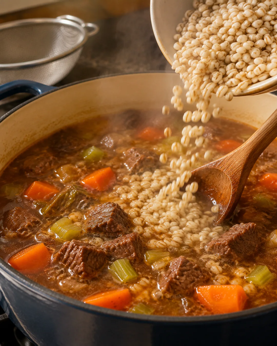 Pearl barley being stirred into a pot of beef soup