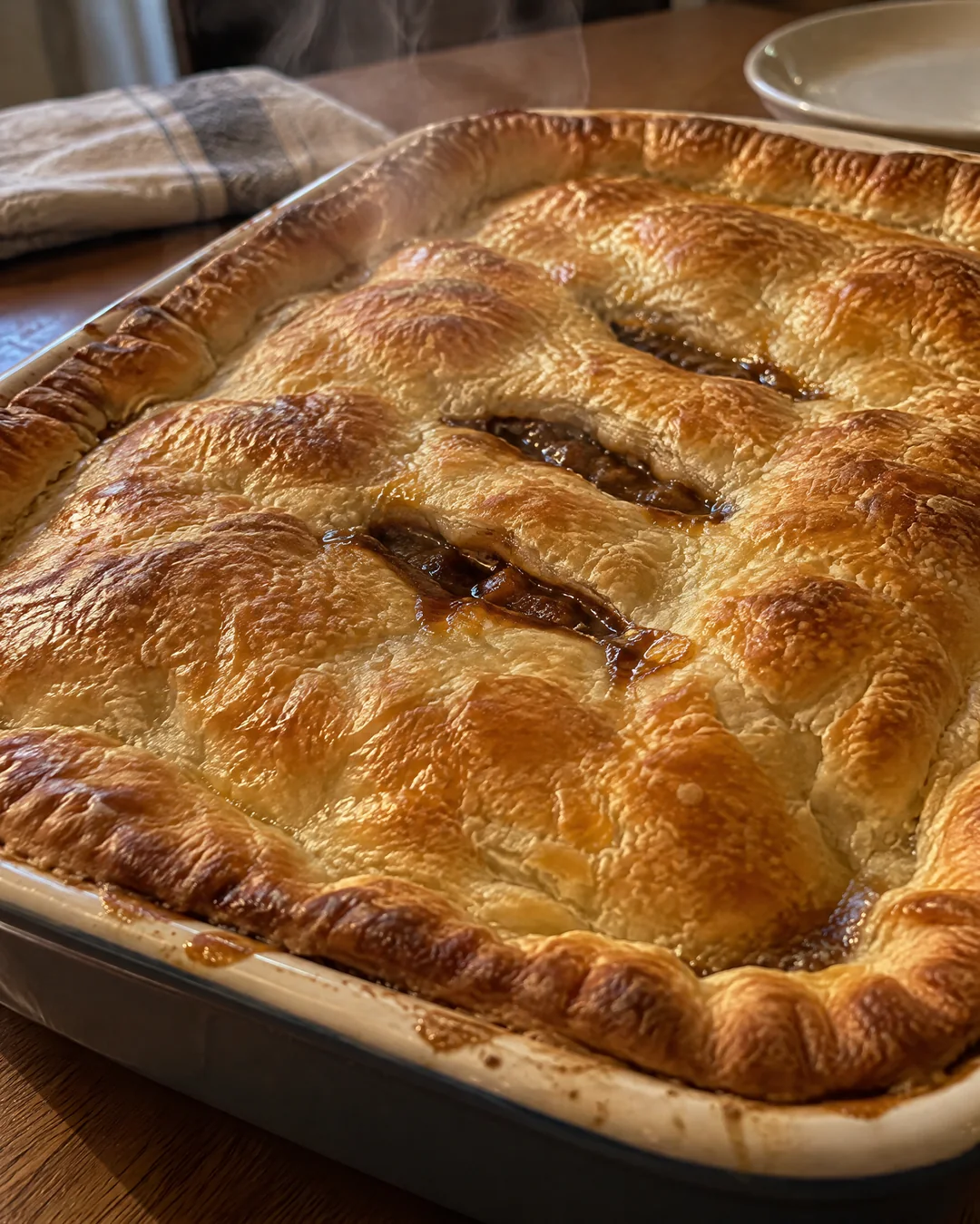 Golden beef pot pie in a baking dish with a puffed flaky top crust