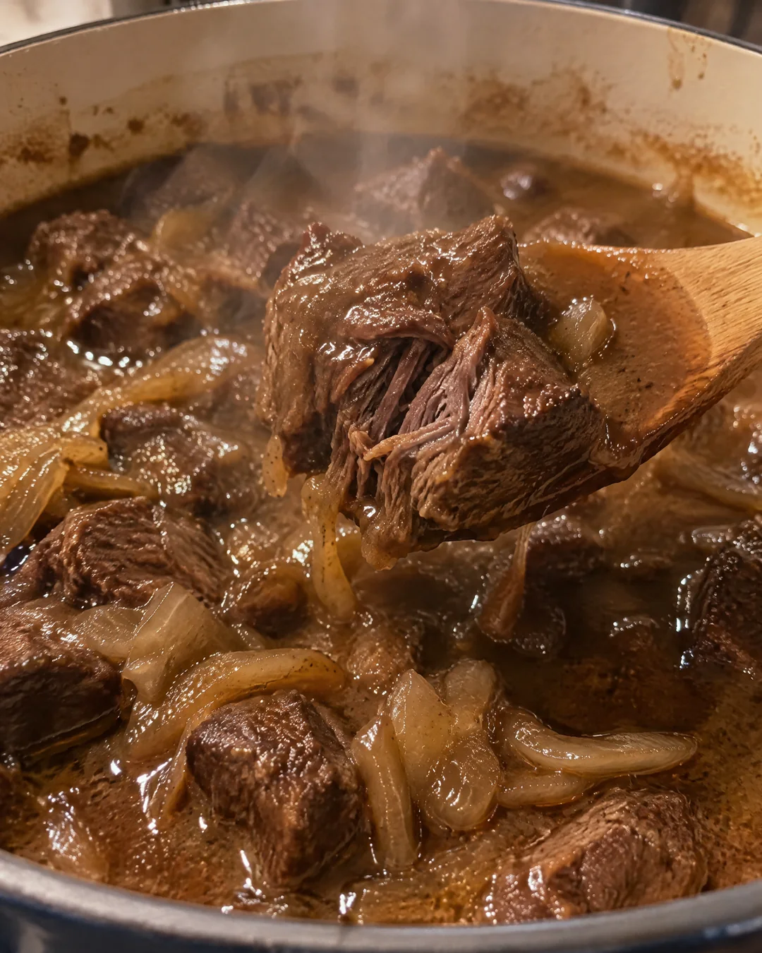 Beef tips simmering in dark onion gravy in a pot
