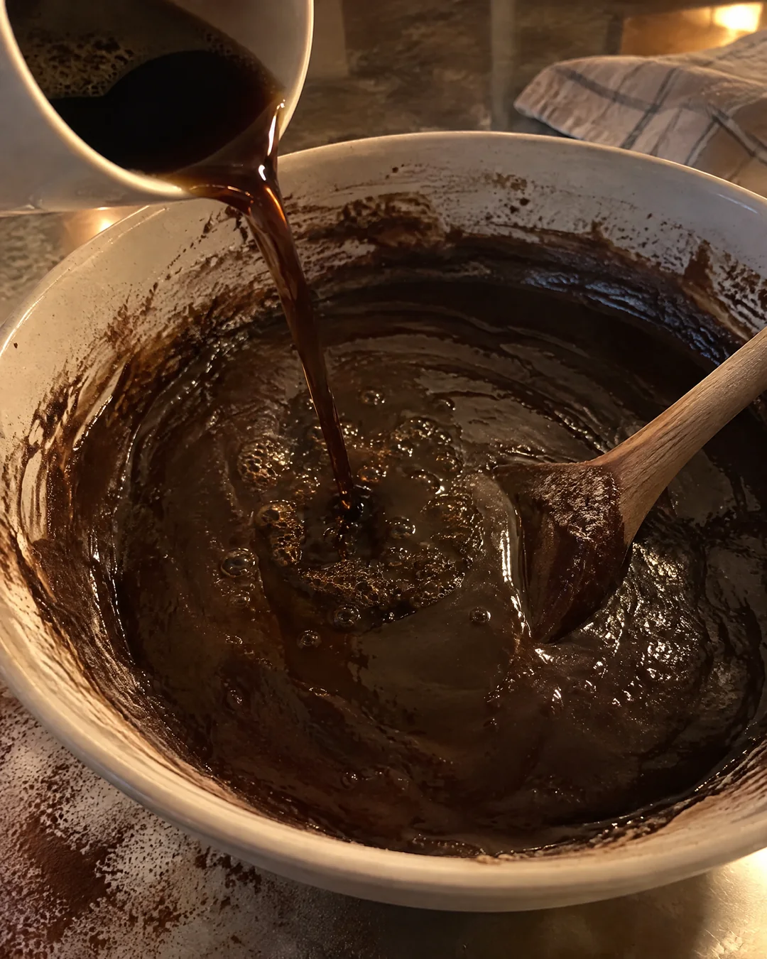 Hot coffee being stirred into a thin, glossy chocolate cake batter