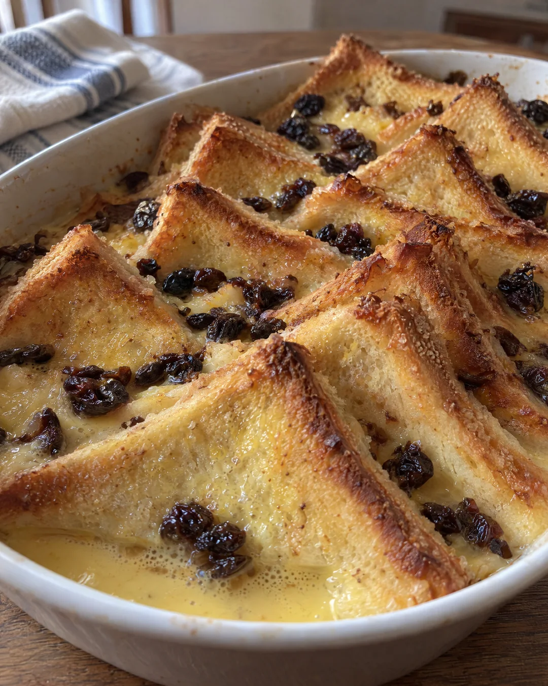 Buttered bread triangles layered with currants in a baking dish for bread and butter pudding