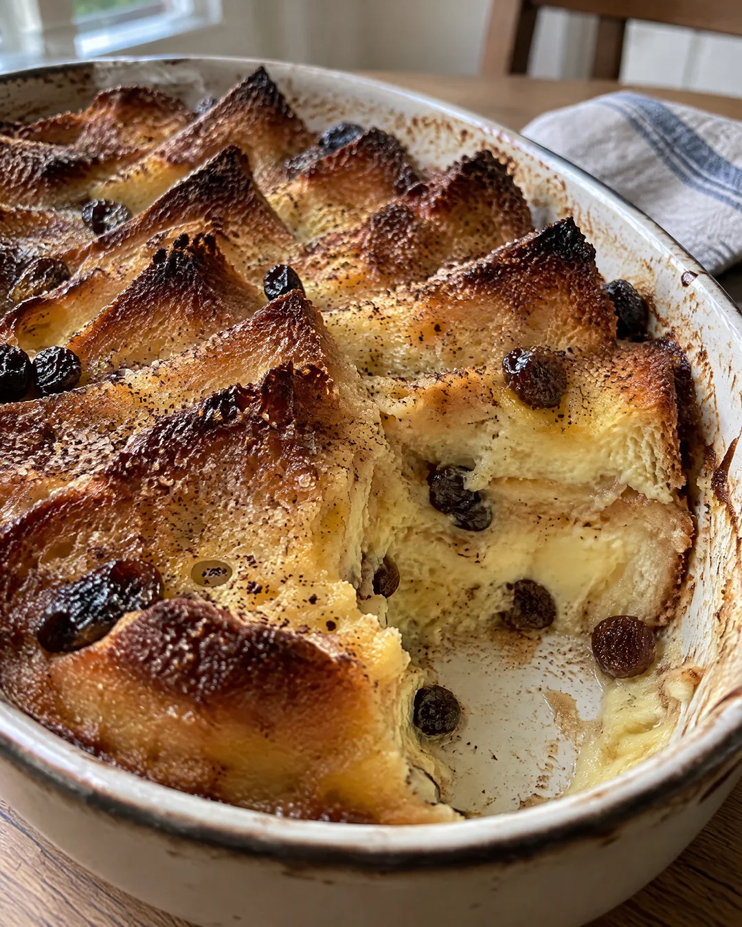 Baked bread and butter pudding with crisp golden corners and nutmeg in an oval dish