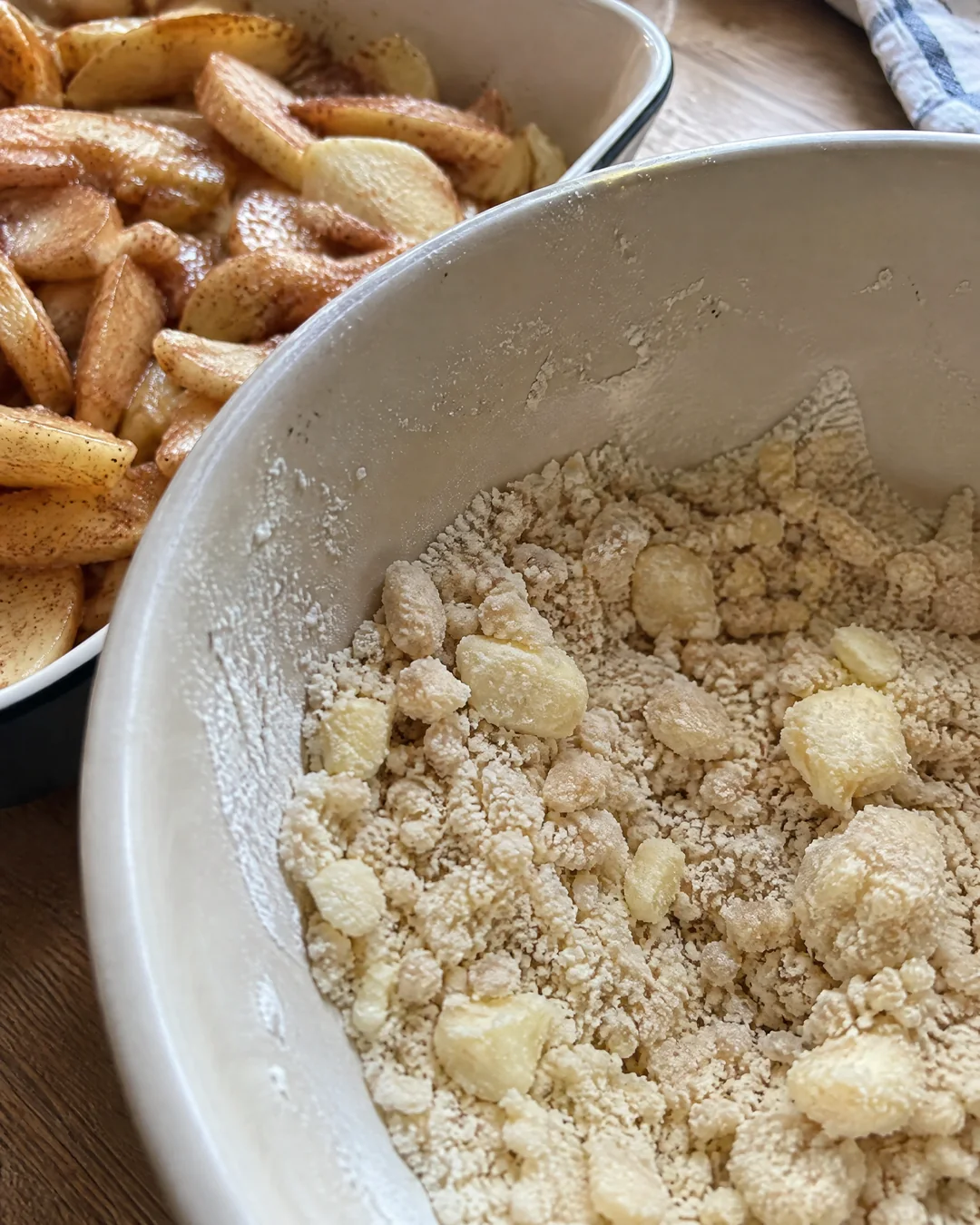 Rubbing cold butter into flour for a British crumble topping