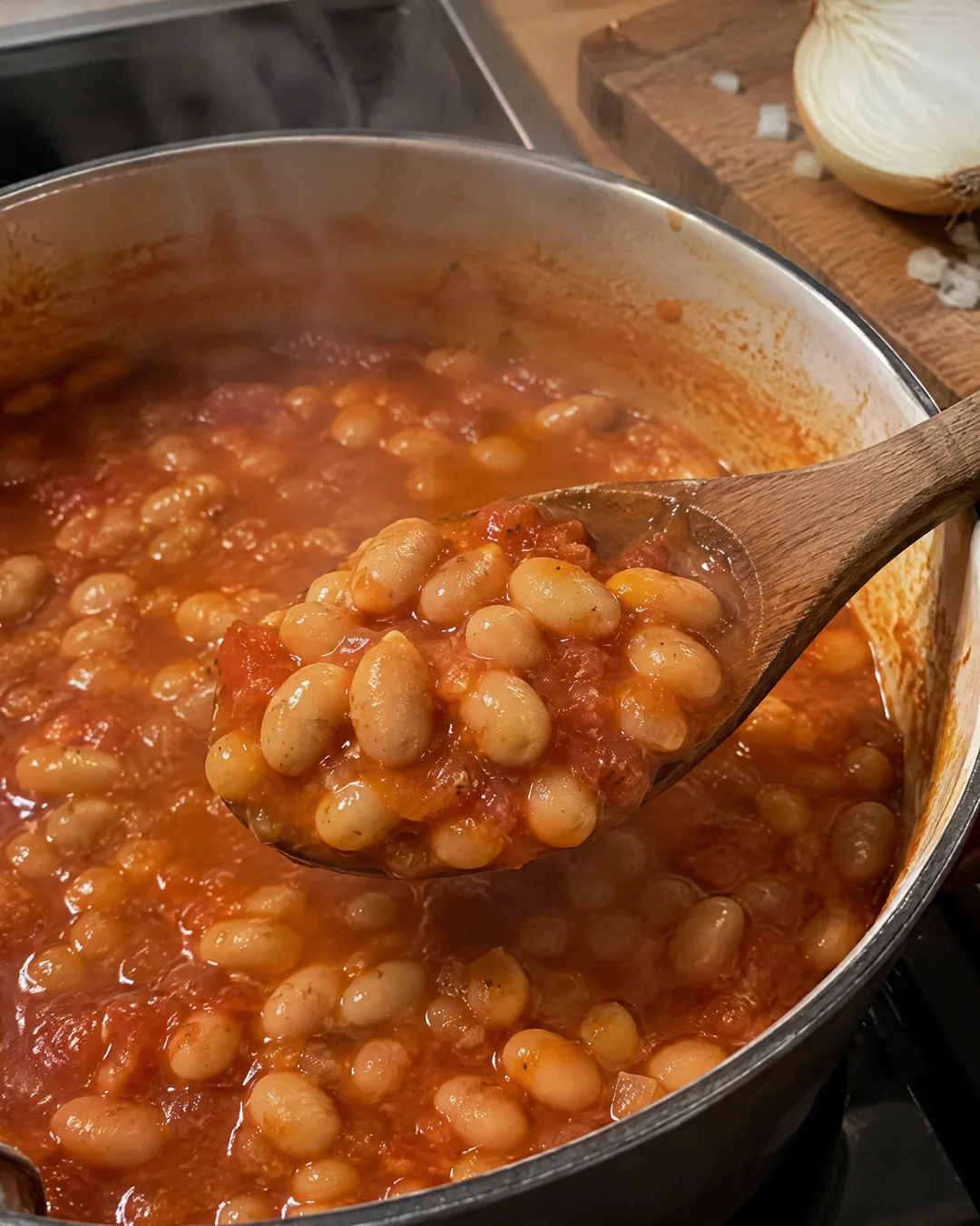 Smooth tomato sauce simmering with white navy beans