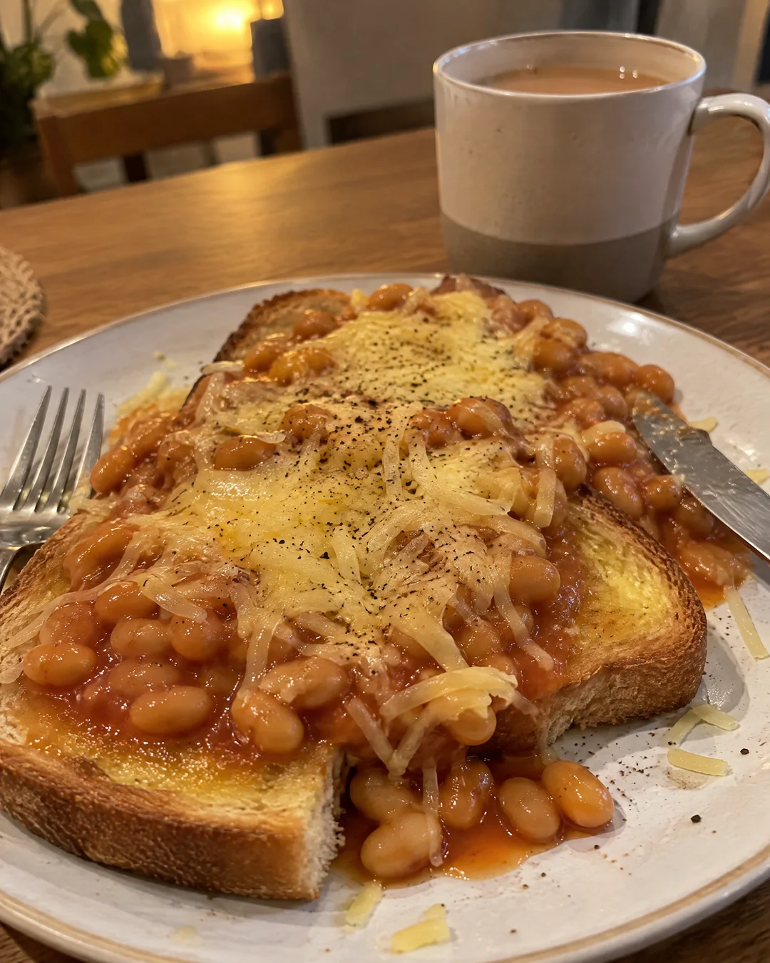Beans on toast with melting cheddar on a plate