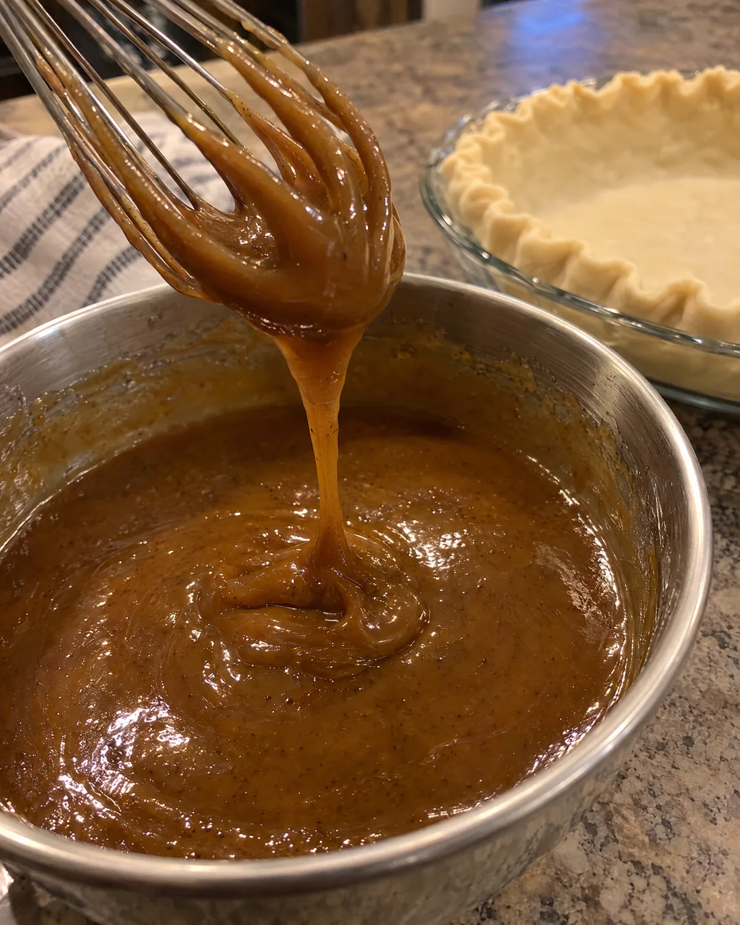 Glossy brown sugar pie filling being whisked in a mixing bowl