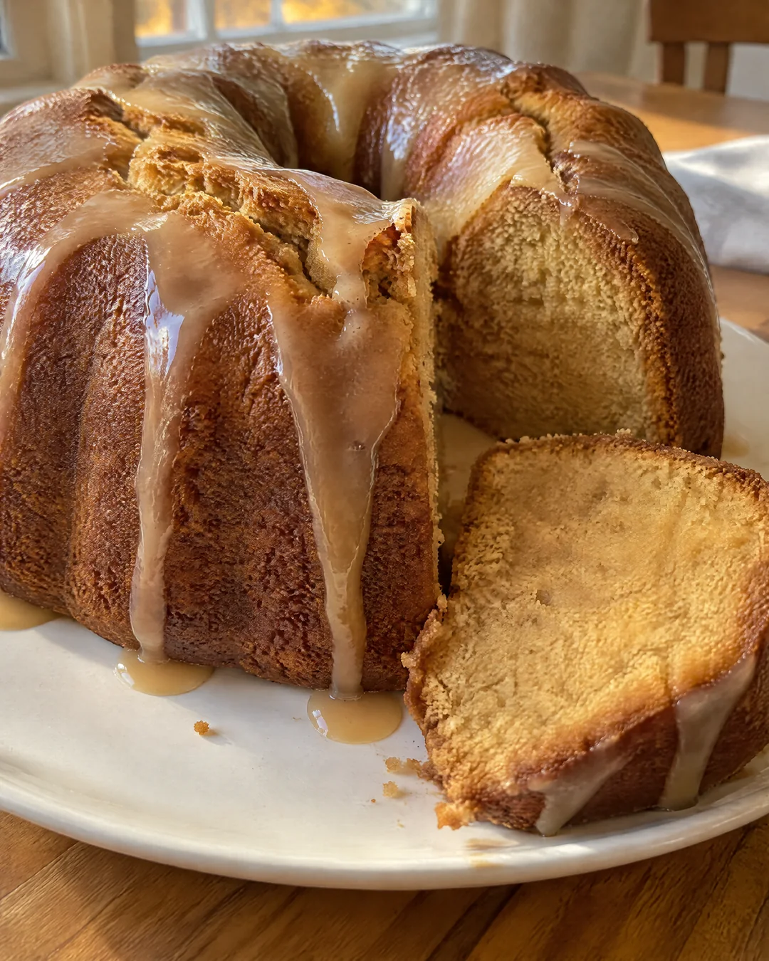 Brown sugar pound cake on a plate with glaze running into the crack on top