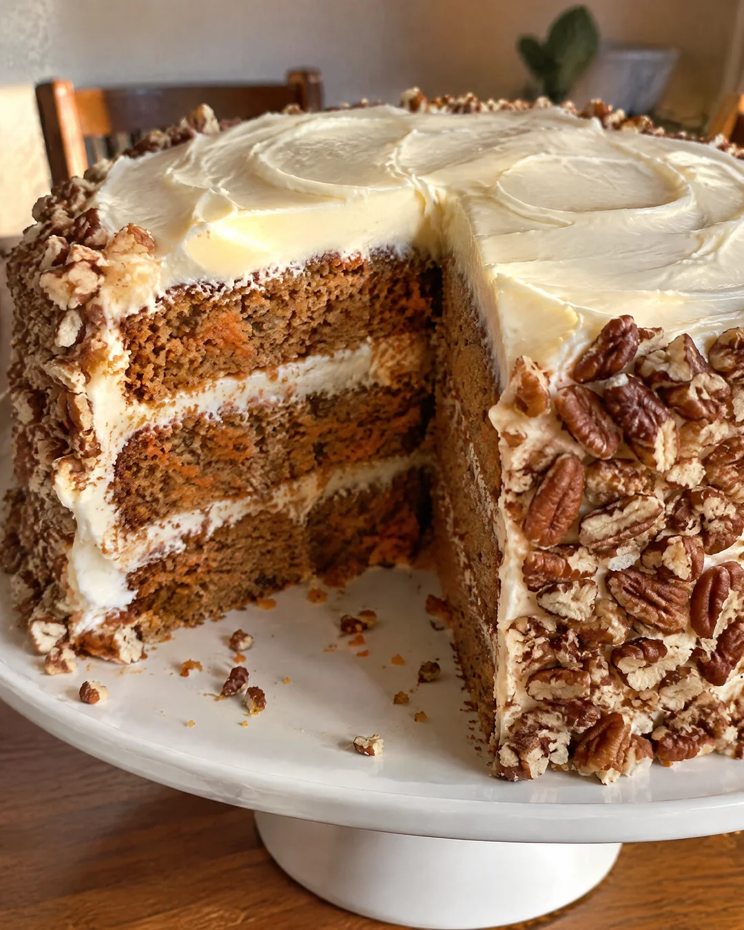 A three-layer carrot cake with cream cheese frosting and pecans pressed into the sides