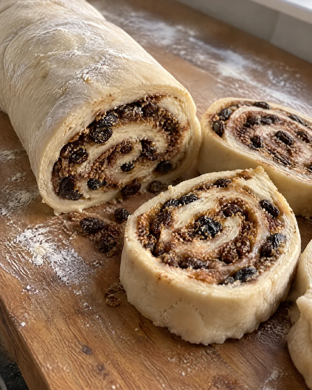 Chelsea bun dough rolled up with currants and brown sugar before slicing
