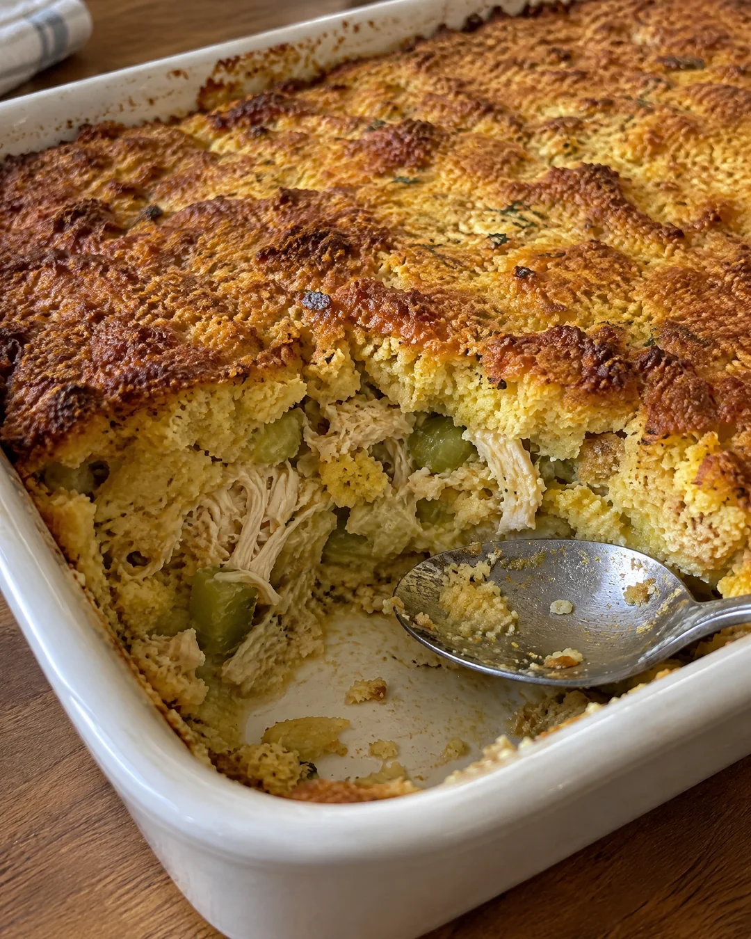 Baked chicken and cornbread dressing with a crisp golden top in a 9x13 pan