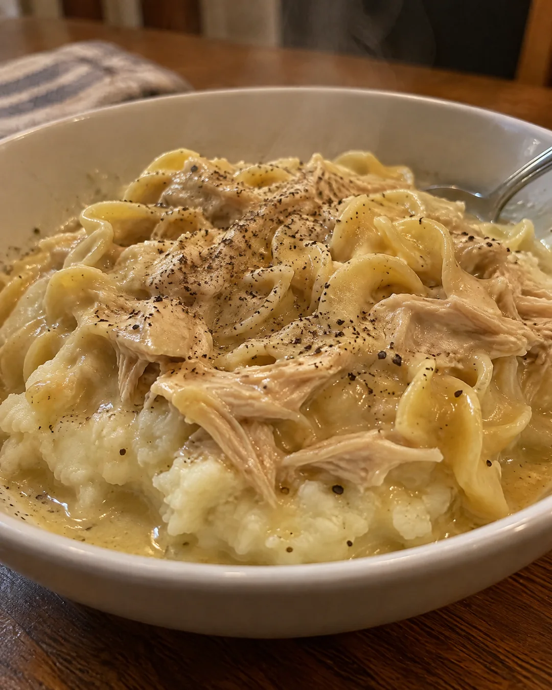 A bowl of chicken and homemade noodles in thick creamy broth ladled over a mound of mashed potatoes
