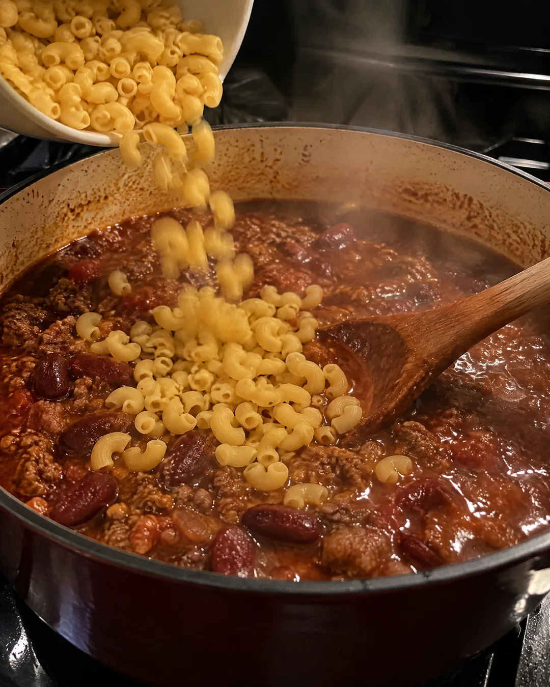 Dry elbow macaroni being stirred into a pot of beef and bean chili