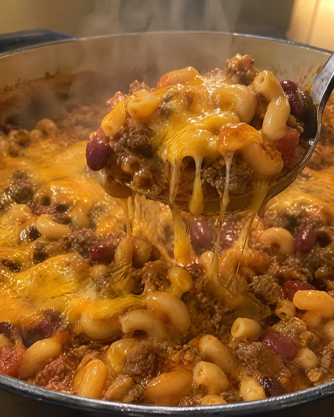 A pot of chili mac with melted cheddar on top