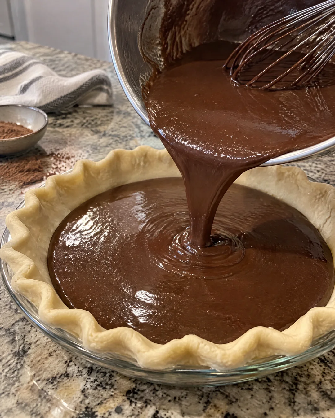 Chocolate chess pie filling being poured into an unbaked pie crust