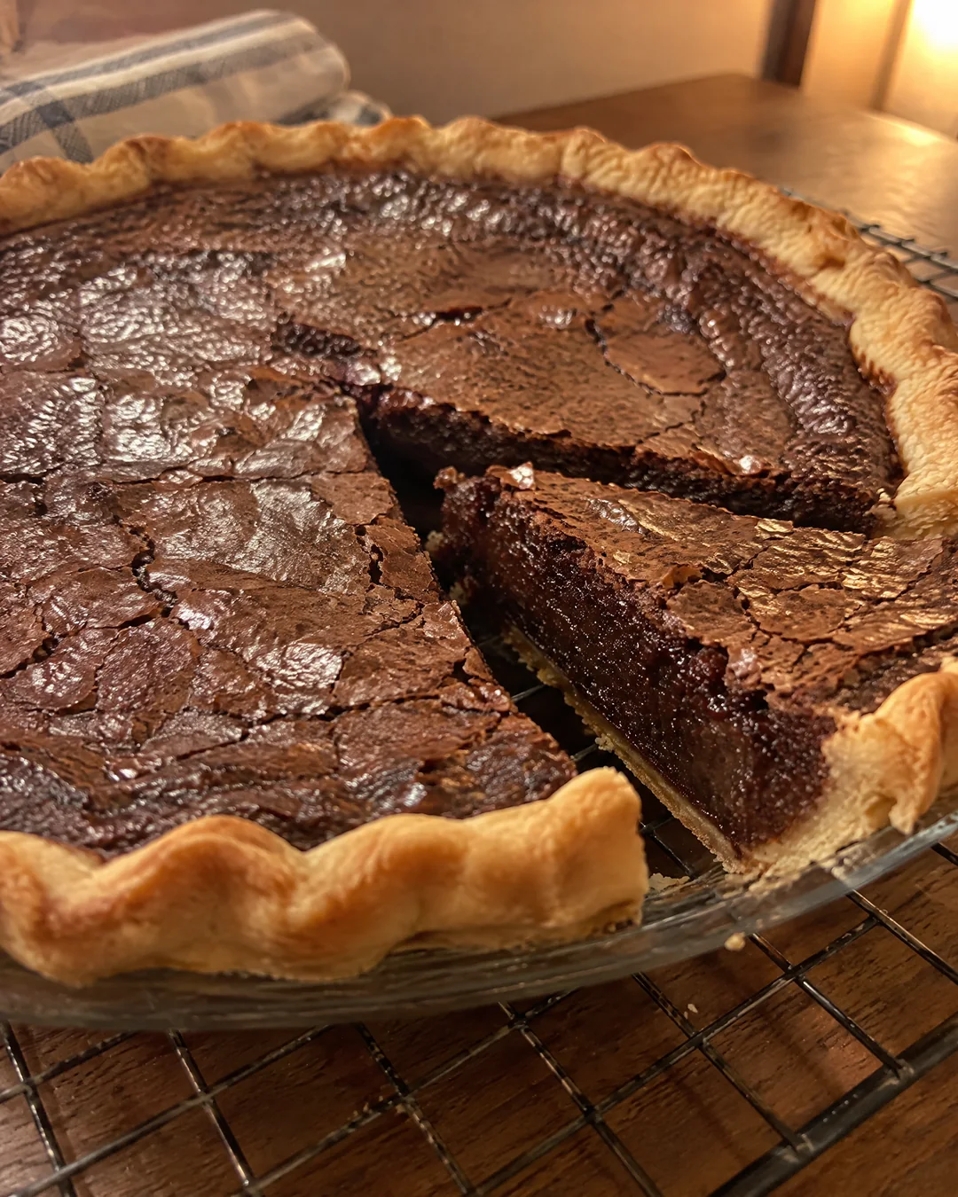 Whole chocolate chess pie with a crackled brownie top