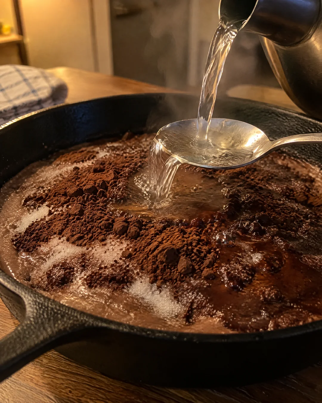 Sugar and cocoa sprinkled over batter in a cast iron skillet with boiling water being poured on