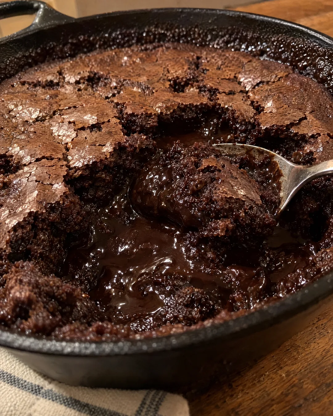 Baked chocolate cobbler in cast iron with a spoon showing the fudge sauce under the brownie crust