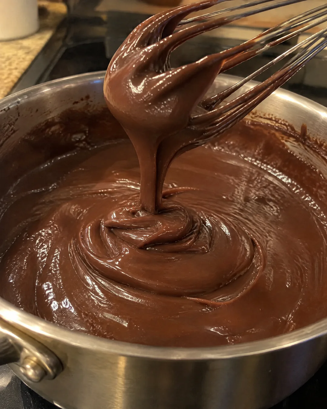 Homemade chocolate pudding cooking thick in a saucepan