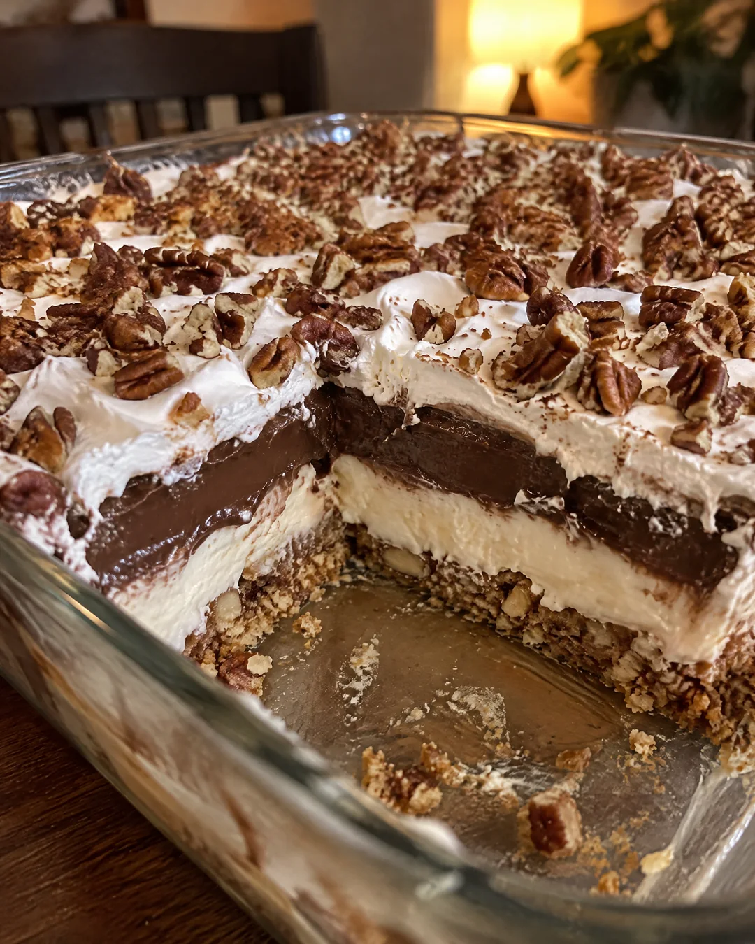 Layered chocolate delight in a glass dish with a square cut out