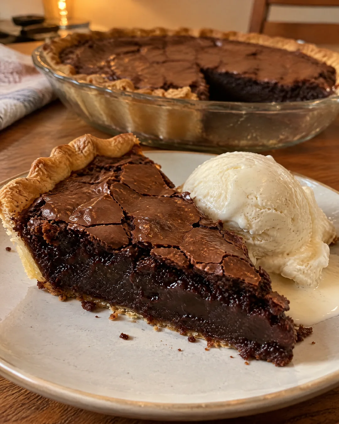 Slice of chocolate fudge pie with vanilla ice cream