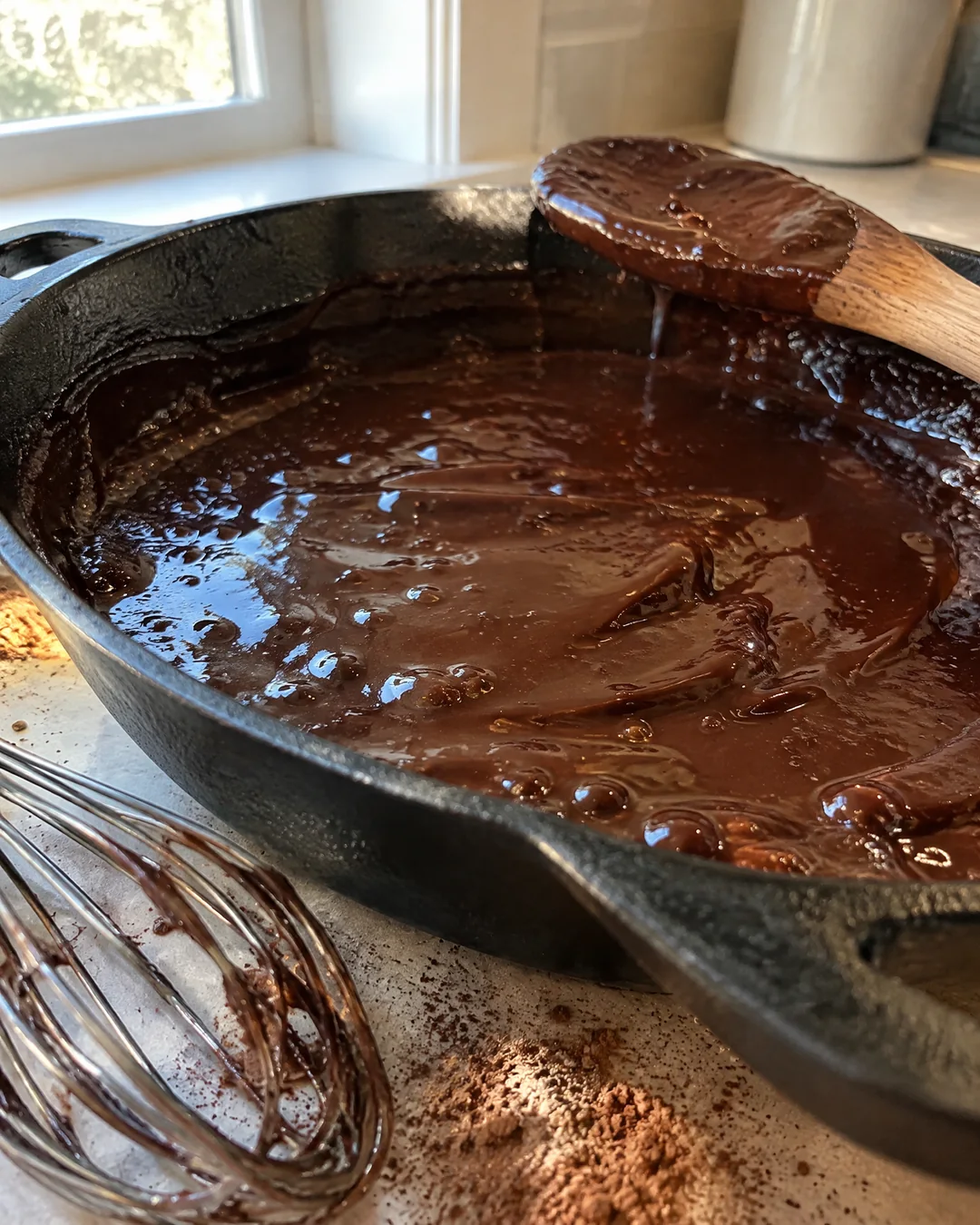Chocolate gravy simmering in a skillet, thick enough to coat the back of a wooden spoon