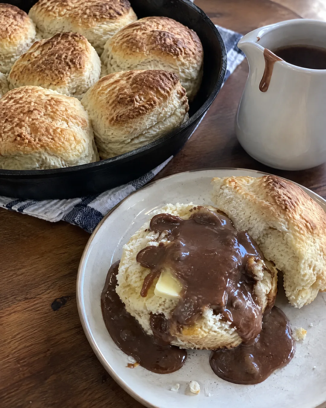 A skillet of golden buttermilk biscuits beside a small pitcher of chocolate gravy, one biscuit split and covered