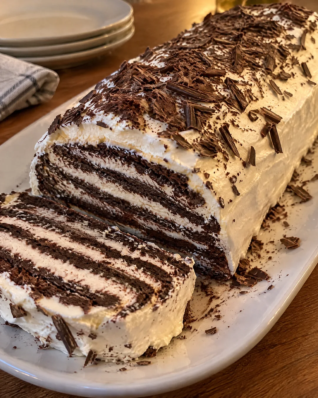 Chocolate icebox cake log covered in whipped cream on a platter