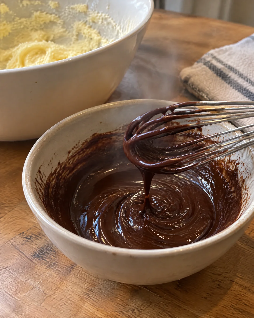 Cocoa whisked into hot water to bloom for a chocolate pound cake