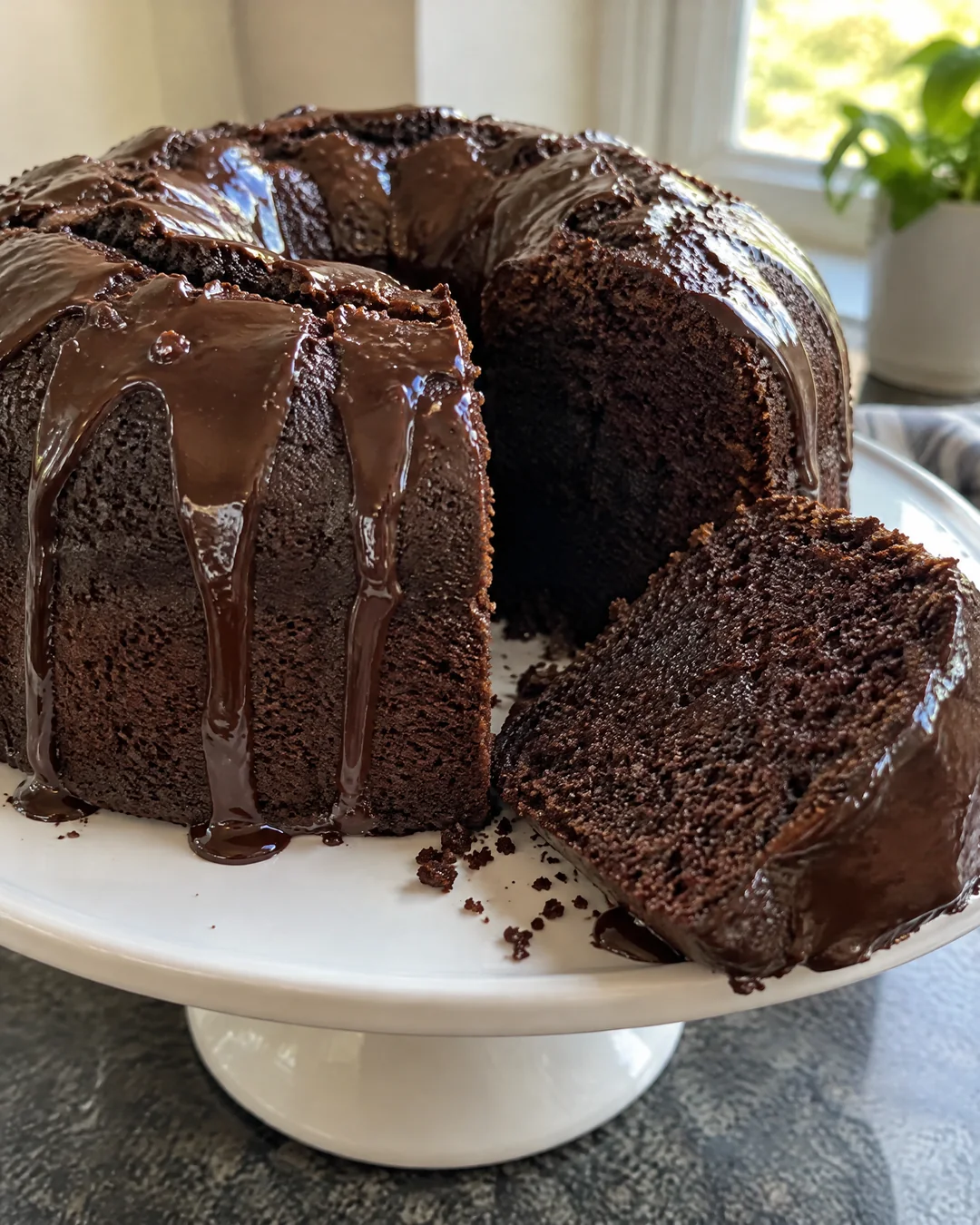 Chocolate pound cake with chocolate glaze on a cake stand