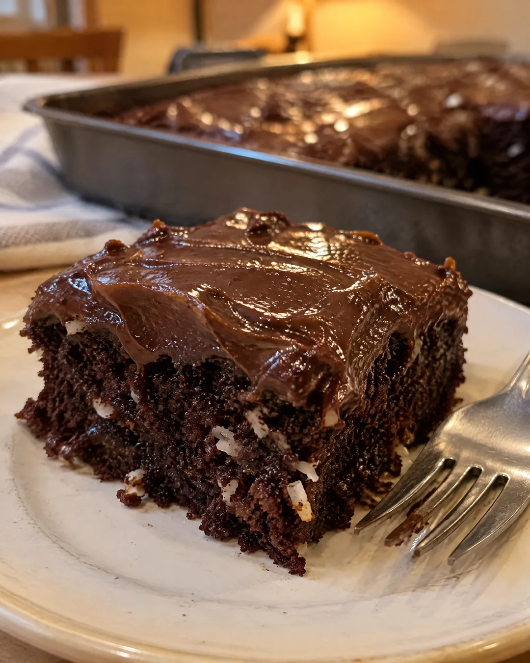 A square of chocolate sauerkraut cake with glossy chocolate frosting
