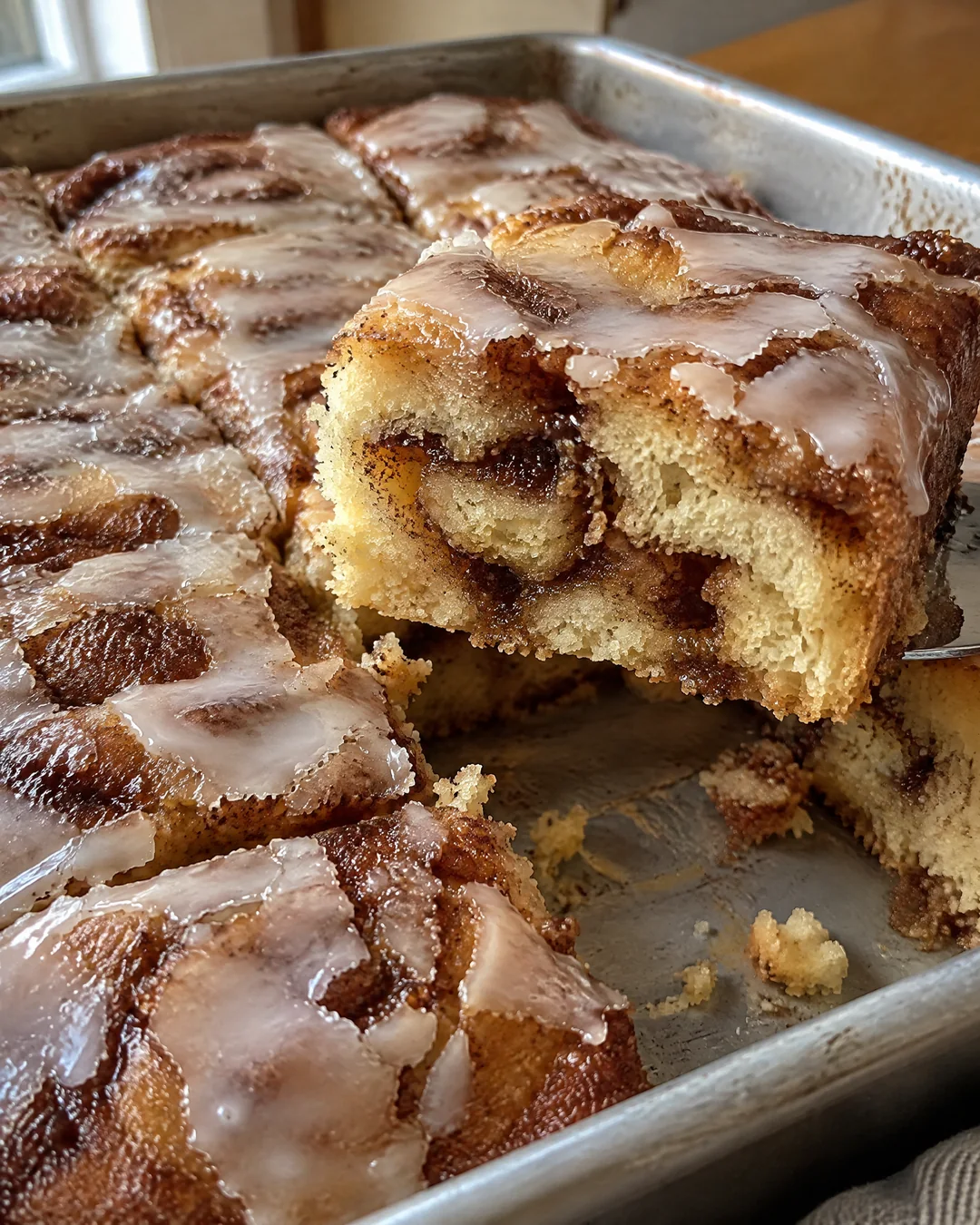 Glazed cinnamon roll cake in its pan with a square cut out showing the swirl