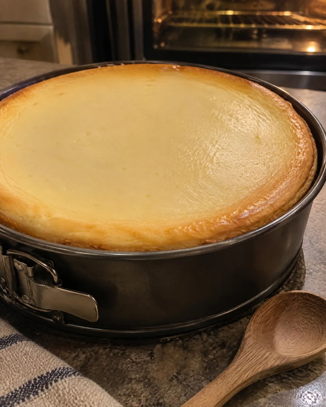 A whole baked cheesecake cooling in a springform pan with a smooth uncracked top