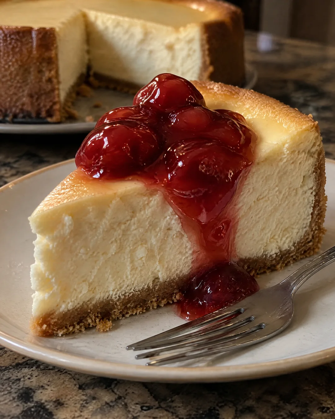 A slice of creamy baked cheesecake with cherry topping